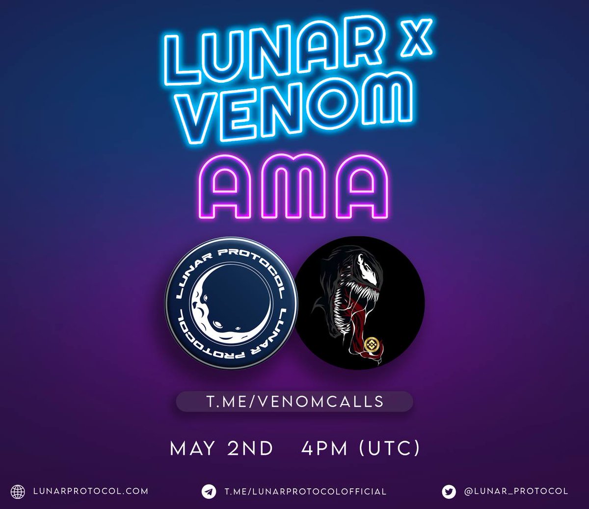 Lunar_Protocol's tweet photo. We are happy to announce that our next AMAs will be hosted in these Channels:

https://t.co/mKNPcauoyH - MAY 2 4PM UTC 

https://t.co/K4awXyfh8C - MAY 3 6PM UTC

Make sure to be there! 🚀
#BNB #Caesar #Venom #AMA https://t.co/4abWGblyOK