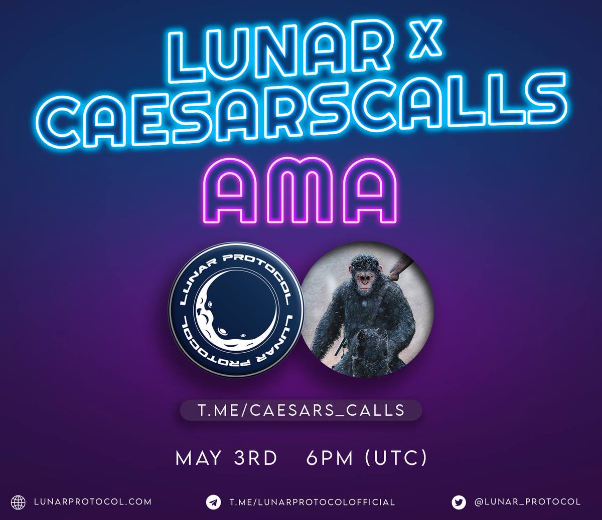 Lunar_Protocol's tweet photo. We are happy to announce that our next AMAs will be hosted in these Channels:

https://t.co/mKNPcauoyH - MAY 2 4PM UTC 

https://t.co/K4awXyfh8C - MAY 3 6PM UTC

Make sure to be there! 🚀
#BNB #Caesar #Venom #AMA https://t.co/4abWGblyOK