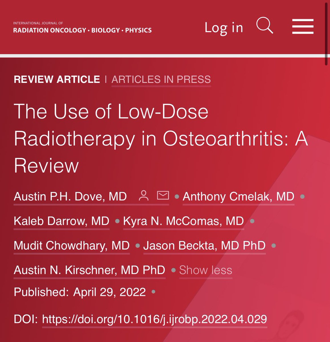 🚨 Our review article on #radiotherapy for osteoarthritis in the Red Journal!

Strong effort headed by #radonc Austin Dove of Vandy!

We discuss history, rationale, criticisms, and outline LDRT planning for OA

#oncoalert <a href="/OncoAlert/">OncoAlert</a> #MedTwitter #MedEd

redjournal.org/article/S0360-…