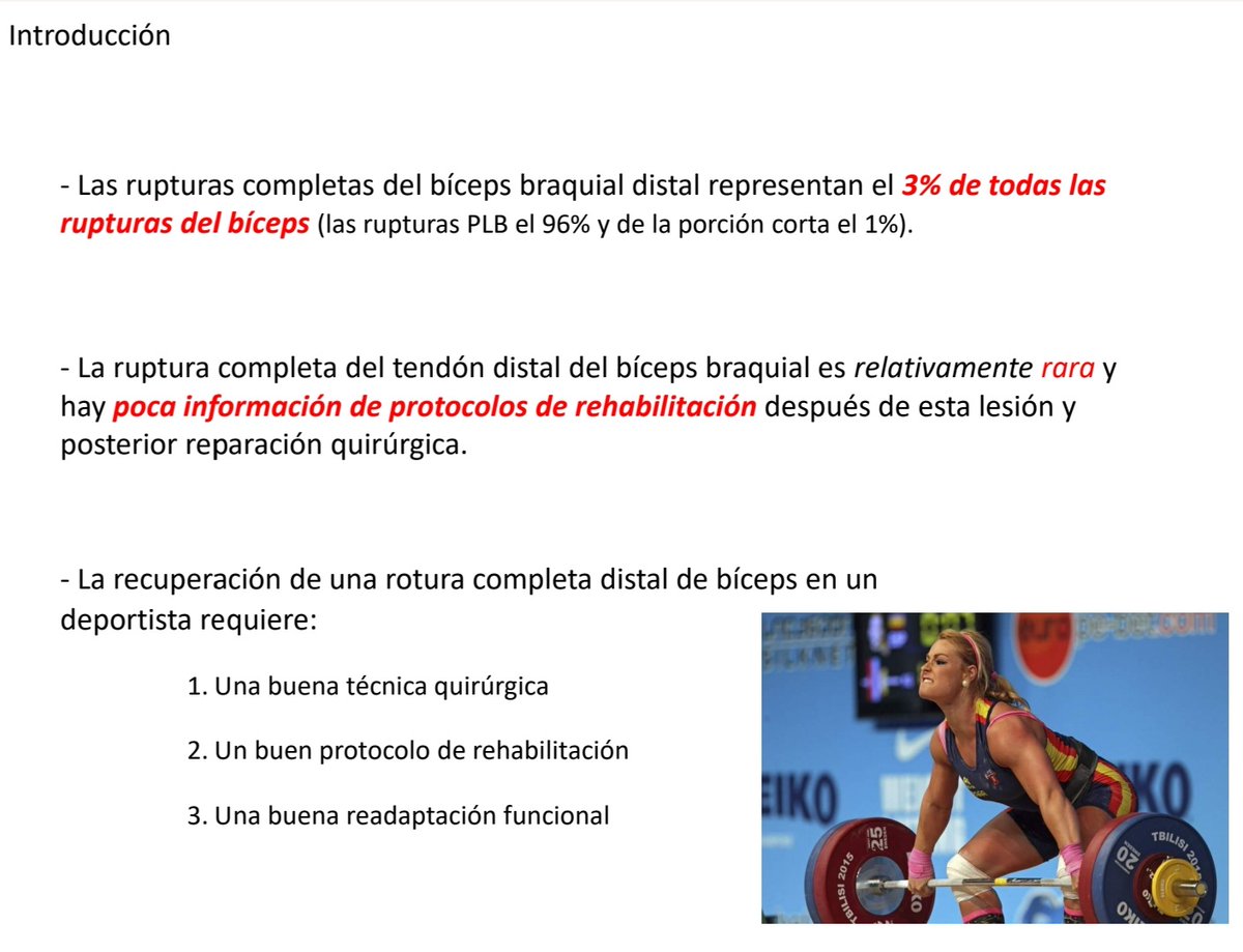 REINCORPORACIÓN AL DEPORTE tras una lesión de BÍCEPS 💪 DISTAL
▶️ Paciente de 34 años varón. Halterofilia
➡️ Dolor agudo y chasquido flexura del codo tras levantamiento de peso en gimnasio 
↪️ rotura bíceps distal
#ServicioCOTDrSanchezAlepuz 
#UnidadHombroCodo
INICIO HILO