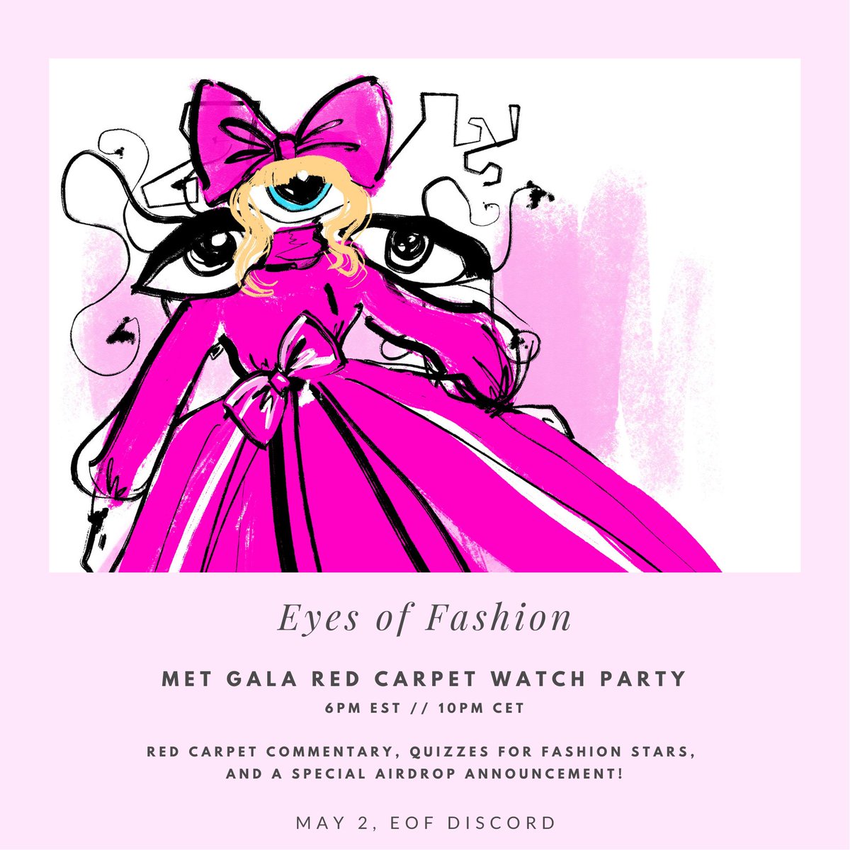✨Met Gala Watch Party and Special Airdrop!✨ 

Monday is Fashion’s Biggest Night, and we want to enjoy it with all of you! Come on by the discord for Red Carpet commentary, quizzes and a good time! 

May 2nd
6pm EST/10pm UTC
Met Gala Sketch NFT to be airdropped to all holders 💫