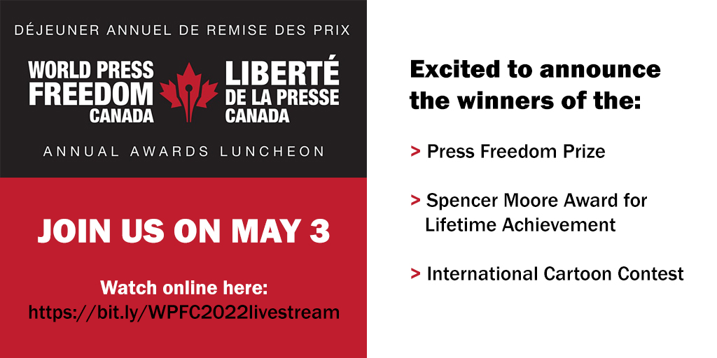 Thrilled to be able to announce the winners of the:

> Press Freedom Prize
> Spencer Moore Award for Lifetime Achievement
> International Cartoon Contest

at the #WorldPressFreedomDay Awards Luncheon on May 3. 

Watch online here ⬇️ 
bit.ly/WPFC2022livest…

#cdnpoli