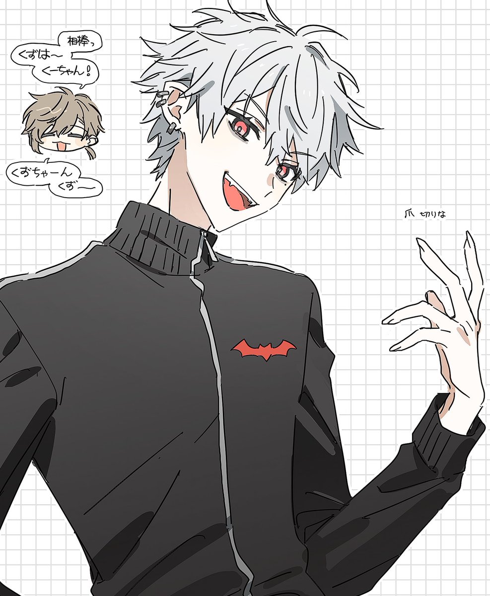 kuzuha (nijisanji) male focus jacket track jacket red eyes fingernails sharp fingernails earrings  illustration images
