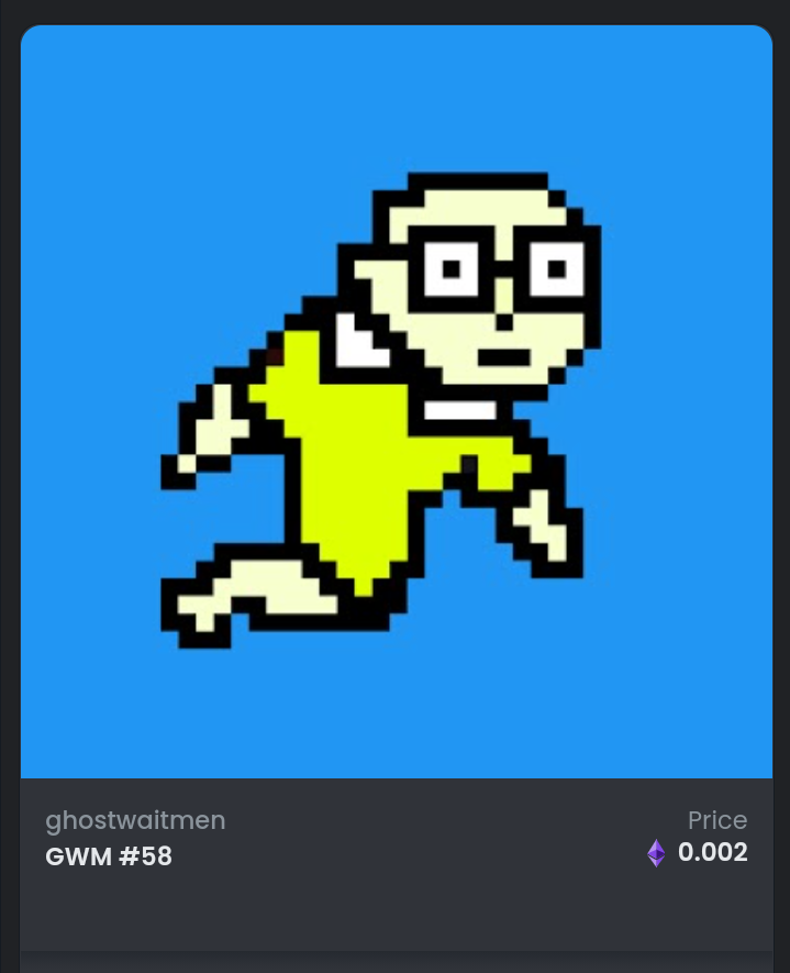 AldoBarito9's tweet photo. New Listed
Ghostwaitmen #58
Price 0.002 ETH
Polygon Blockchain

Let's support my nft project so that in the future there will be more nft ghostwaitmen collections.

 #OpenSeaNFT #opensea #NFTCommunity #nftcollector #NFTCollection #nftart #NFT
Link:
https://t.co/Ze3o73ijM8 https://t.co/78ZQ1ZHEA8