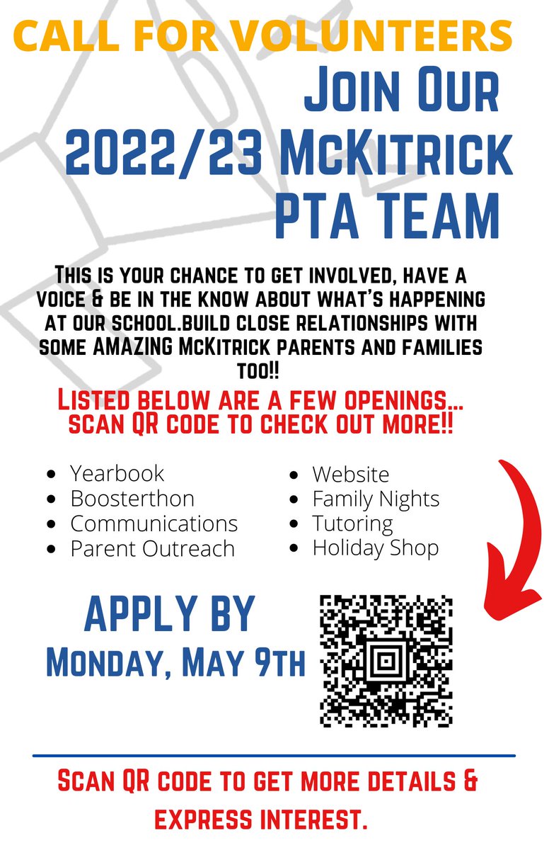 REMINDER: McKitrick PTA Team is looking for volunteers for the 2022/23 school year. Click link below OR scan QR code to view &amp; sign up for volunteer positions we have open next year. forms.gle/b4guHBgTVjwDyf…
Have questions? Contact Jessica Campbell vicepresident@mckitrickpta.com