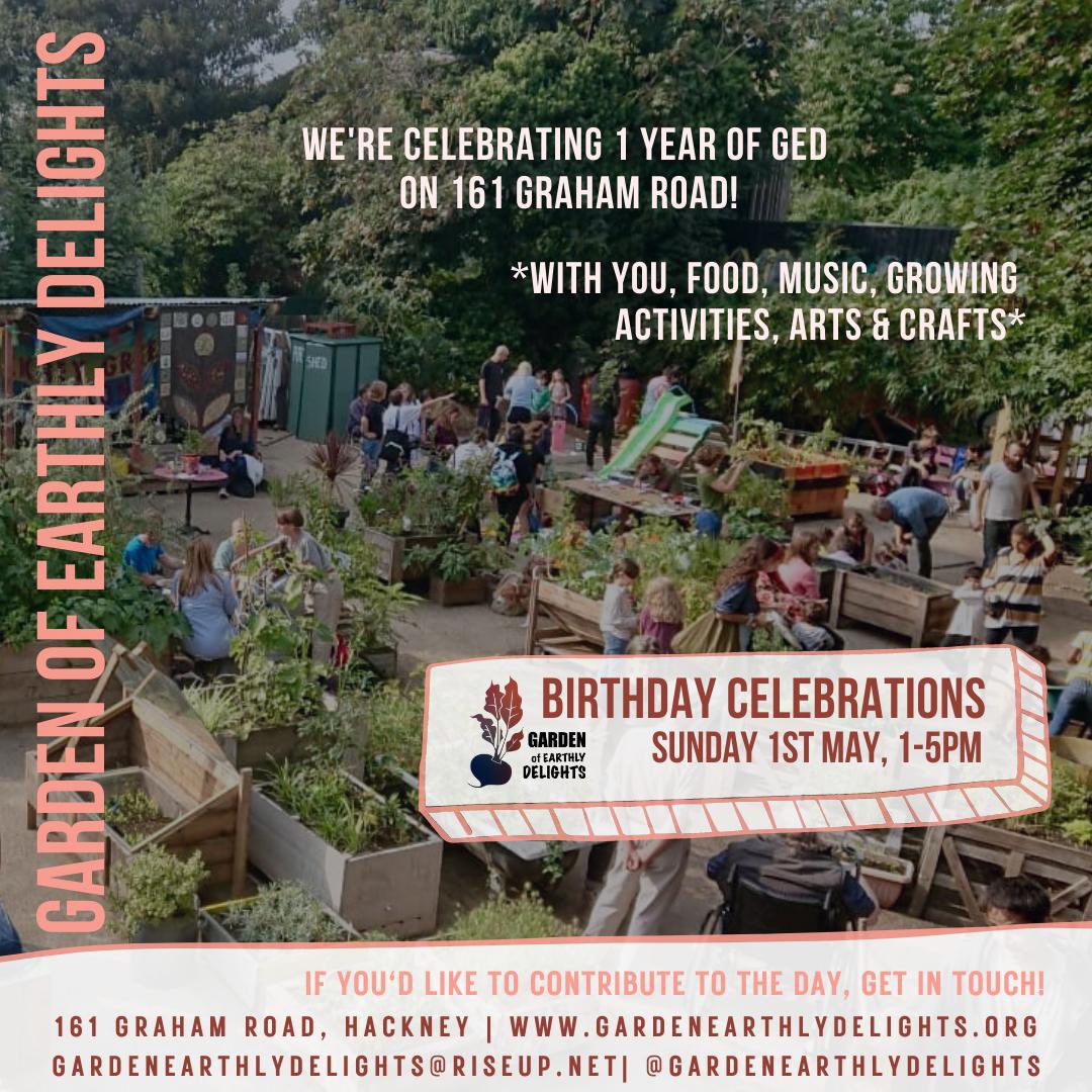 🎉 🌱🌺 Garden of Earthly Delights are celebrating 1 year on 161 Graham Road, Hackney on Sunday 1st May, 1-5pm. Everyone welcome for family fun. There will be music, growing activities, arts &amp; crafts (block printing - bring a T shirt)  🧵 ⬇️