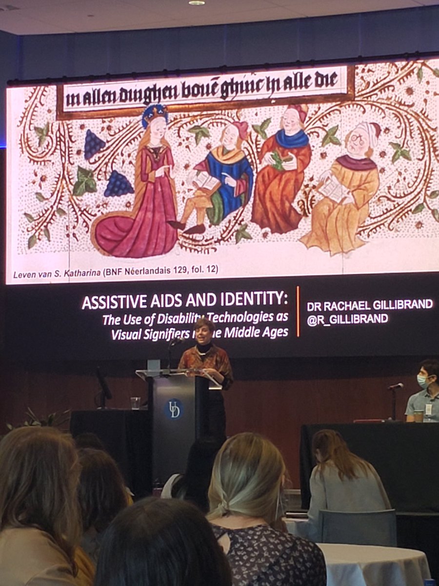 We're back from lunch w/ #DisGaze22 Rachel Gillibrand explores disability technologies as visual signifiers in the Middle Ages. @UDMatCult #materialculture