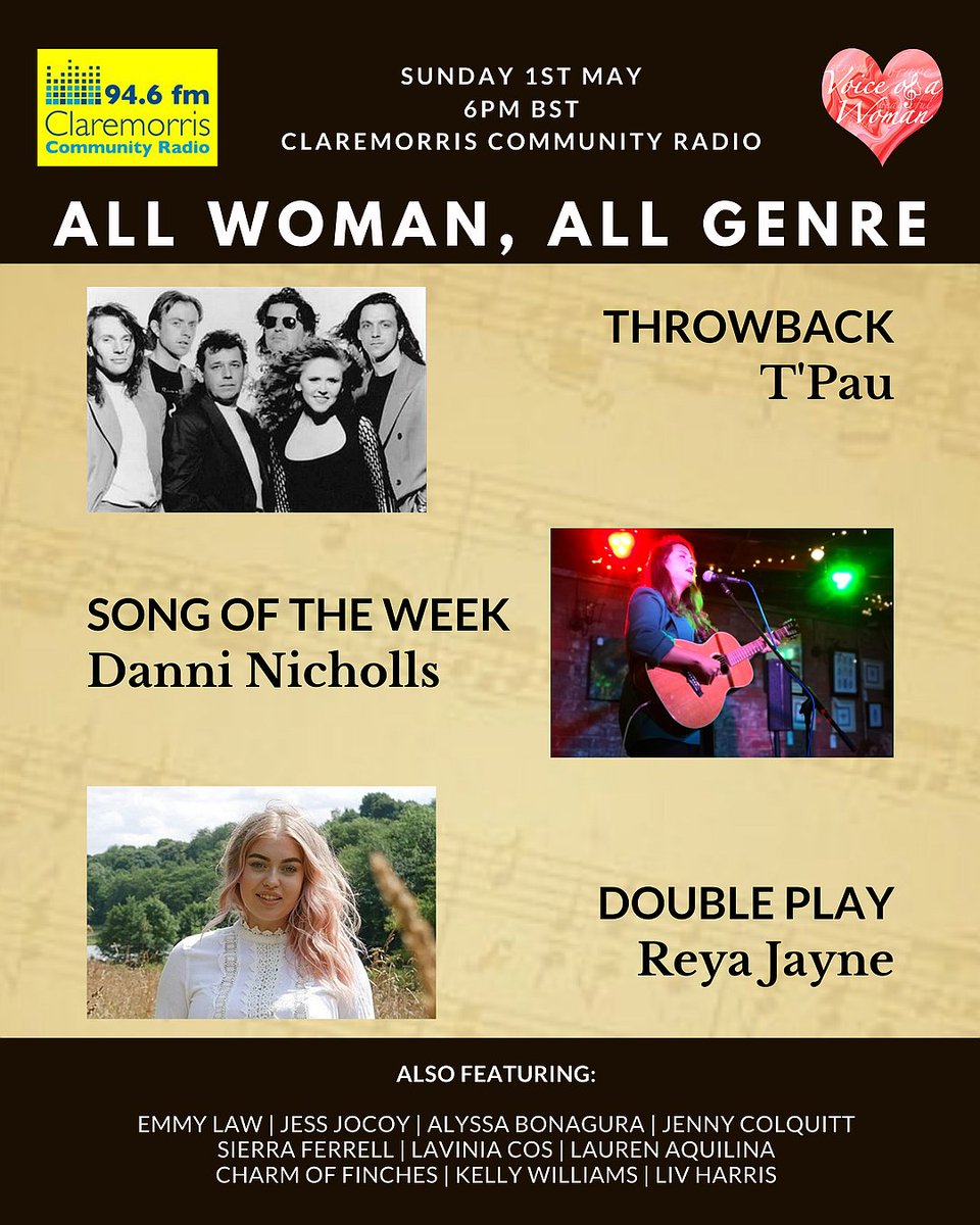 A new episode of Voice of a Woman all woman all genre Sunday 6pm BST @ccr946fm with throwback of the week the mighty T'Pau, song of the week Little Fictions by the beautiful @DanniNicholls and double play from @reyajaynemusic. We also have new music from @emmylawmusic @JessJocoy