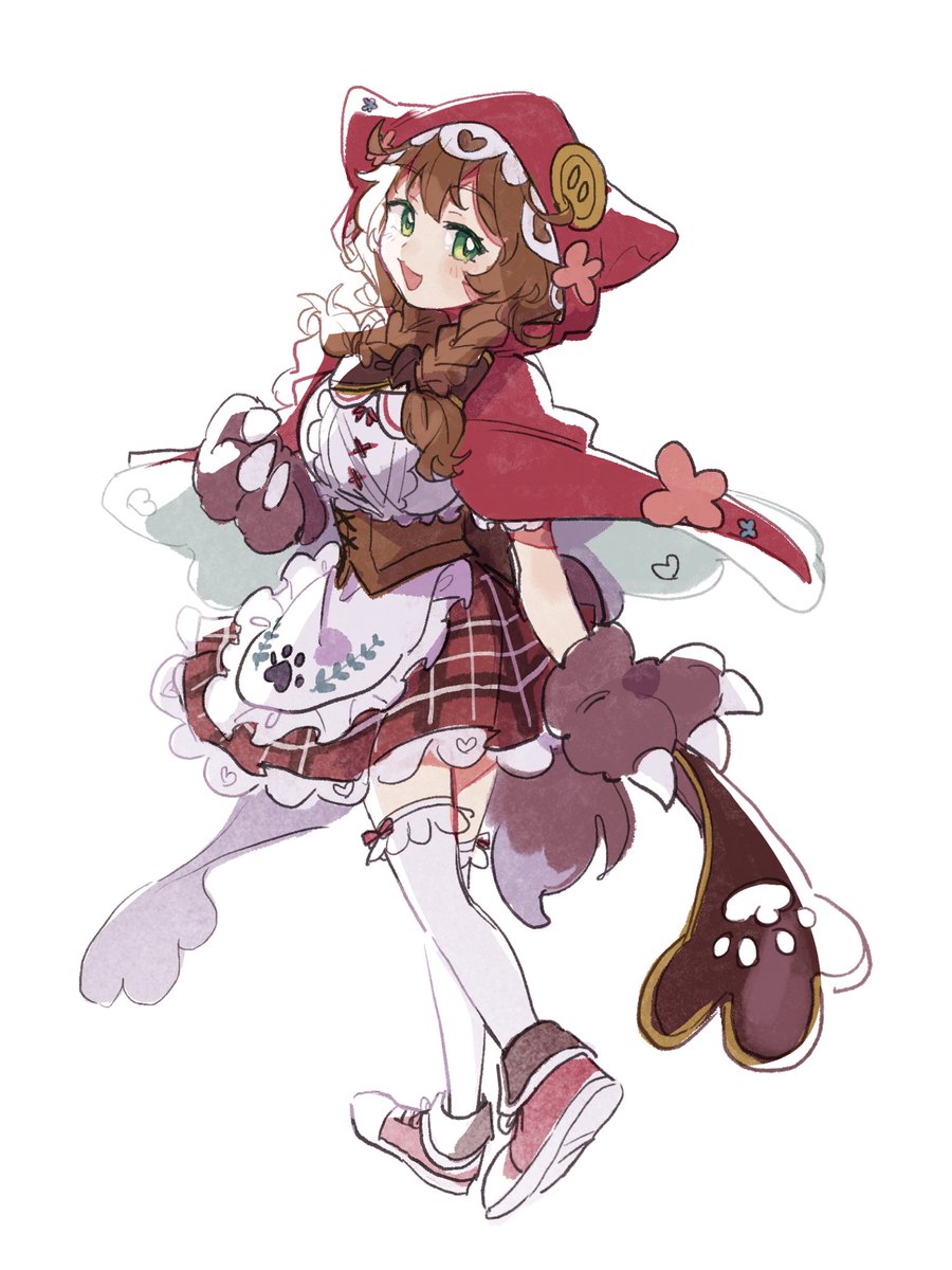 1girl solo brown hair animal hands green eyes paw gloves hood  illustration images