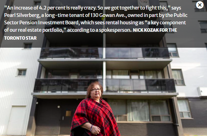 A group of tenants at an East York apartment building is protesting a 4.2% rent hike and they’ve targeted the building’s owners Starlight plus its partner in the investment, the federal public-sector pension plan, PSP