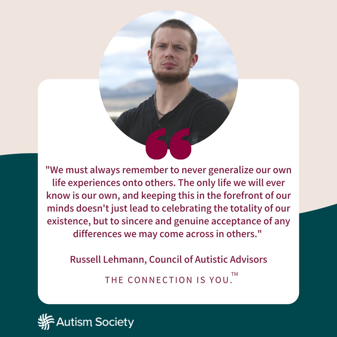 AutismSociety's tweet photo. Russell Lehmann (@Autistic_Poet), a member of the Autism Society’s Council of Autistic Advisors, reminds us that acceptance is appreciating ourselves and each other, no matter our strengths or challenges. #CelebrateDifferences https://t.co/tPoKJS93aj