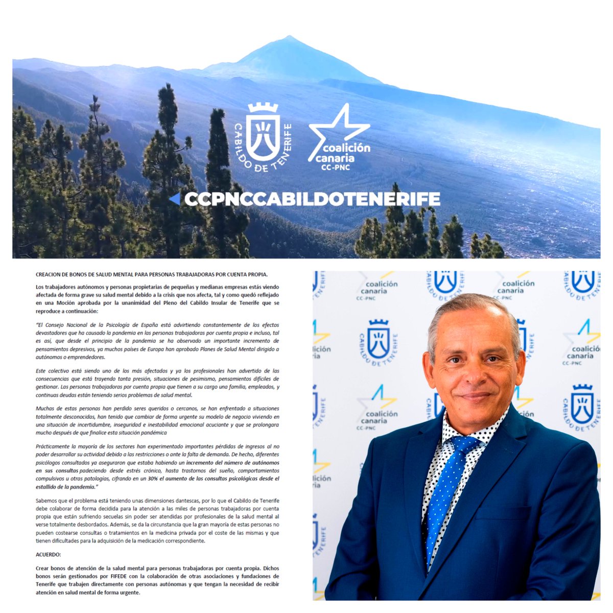 El 4 de mayo se celebra el Pleno sobre el estado de la Isla

Proponemos la creación de un bonos de atención de la salud mental para personas trabajadoras por cuenta propia. Su gestión será a través de FIFEDE y otras asociaciones y fundaciones 

INFO: cutt.ly/XGTrbjk