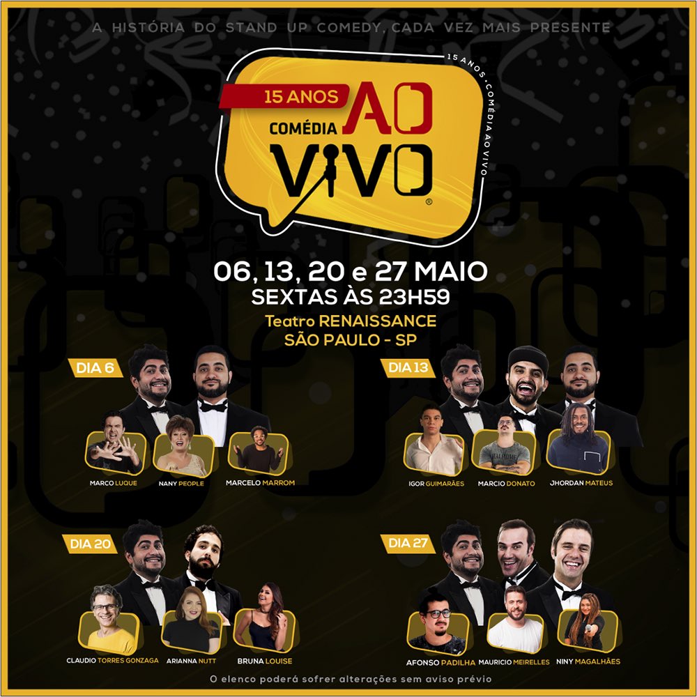 SP | Completamos 15 anos em cartaz no @teatrorenaissance e gostaríamos muito da presença de vocês para comemorarem com a gente. Sextas de maio 23h59 com grandes nomes da comédia nacional .
Esperamos vocês.