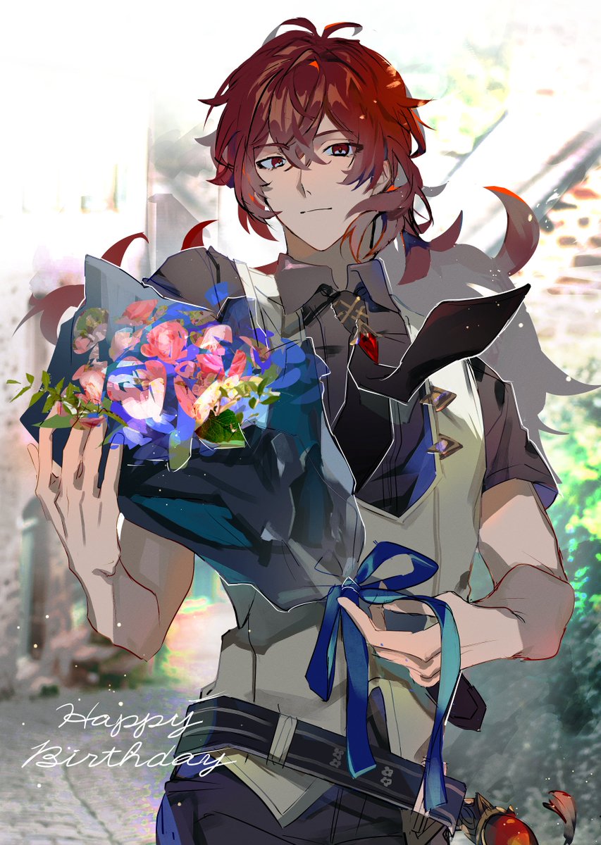diluc (genshin impact) 1boy male focus red hair vision (genshin impact) long hair solo bouquet  illustration images