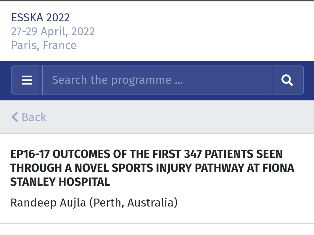SpOrthopod's tweet image. Well done to @RandeepSAujla for collecting the #BestPosterPrize @ESSKA_society in #Sports category on behalf of #PerthSportsSurgeryFellowship &amp;amp; Director @PerthSportsDoc who set up this fantastic pathway. Great data collection by #PSSF Fellows 😜🎉🎉👏🏽👏🏽 #ESSKA2022 #ESSKACongress