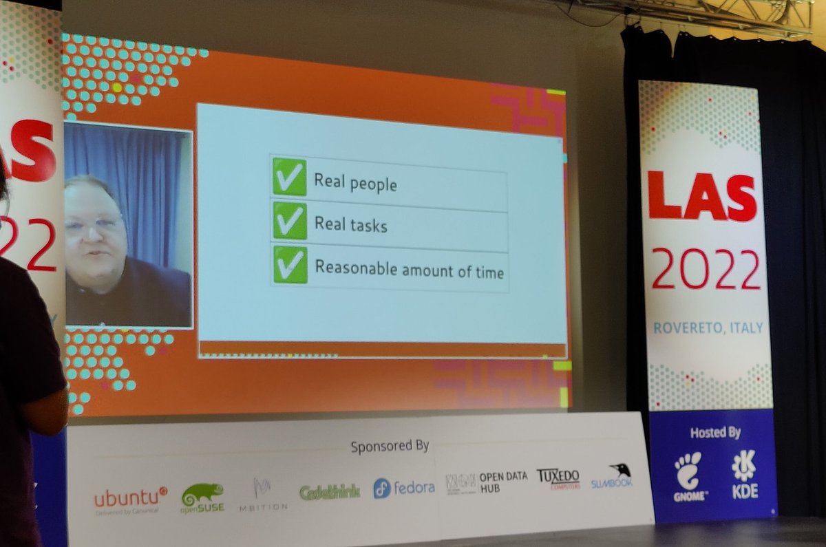 LinuxAppSummit's tweet photo. Jim Hall is giving our last talk for #LAS22 remotely. Join us in the main auditorium or tune in virtually to learn about usability testing in open source software.
#linuxappsummit #KDE #GNOME https://t.co/ge7SkGVLev