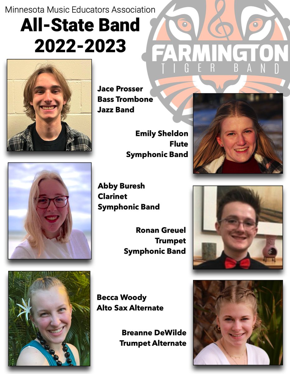 Congrats to the band members selected to MN All-State Band, the highest achievement possible for HS musicians!  This involves a very competitive audition process &amp; we're so proud! Congrats Jace, Emily, Abby, Ronan, Becca &amp; Breanne! #TheBandAlwaysWins <a href="/tigerfarmington/">Farmington Tigers</a> <a href="/district192/">Farmington Area Public Schools</a>
