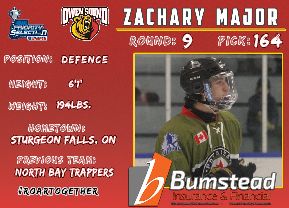 AttackOHL's tweet photo. Attack at the Draft presented by Bumstead Insurance &amp; Financial.

With the 164th pick in the 2022 #OHL Priority Selection presented @RealCdnSS, the Owen Sound Attack have selected defensemen, Zachary Major from the North Bay Trappers.

#RoarTogether | #OHLDraft https://t.co/DaDZeCR9CS