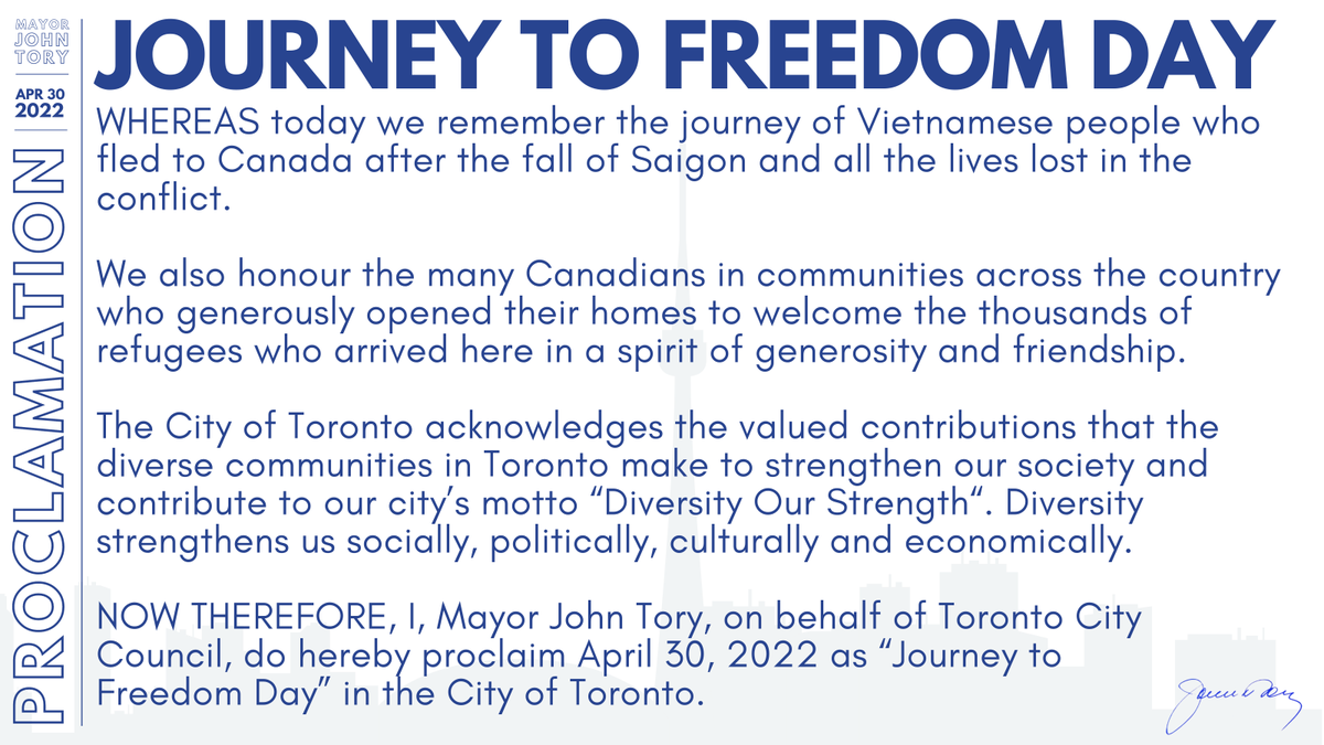 JohnTory's tweet photo. Today, is Journey to Freedom Day in Toronto.

We remember the journey of Vietnamese people who fled to Canada after the fall of Saigon and all the lives lost in the conflict. https://t.co/WeWZPr9AeA