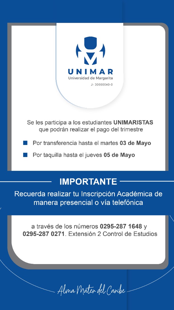 somosunimar's tweet photo. Extendido el lapso de pago del trimestre mayo-julio 2022 hasta el jueves 5 de mayo https://t.co/WcLC9fvICE