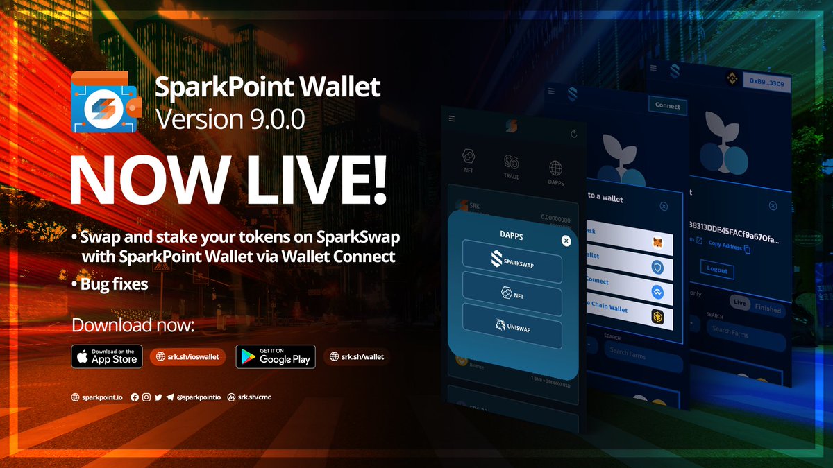 sparkpointio's tweet image. Here's some good news, #Sparkies! You can now use #SparkPointWallet via Wallet Connect on #SparkSwap. 🚀🚀
Update to v9.0.0 to stake and swap conveniently! 🙌
🔗 srk.sh/ioswallet
🔗 srk.sh/wallet
#SparkPoint #BUIDL