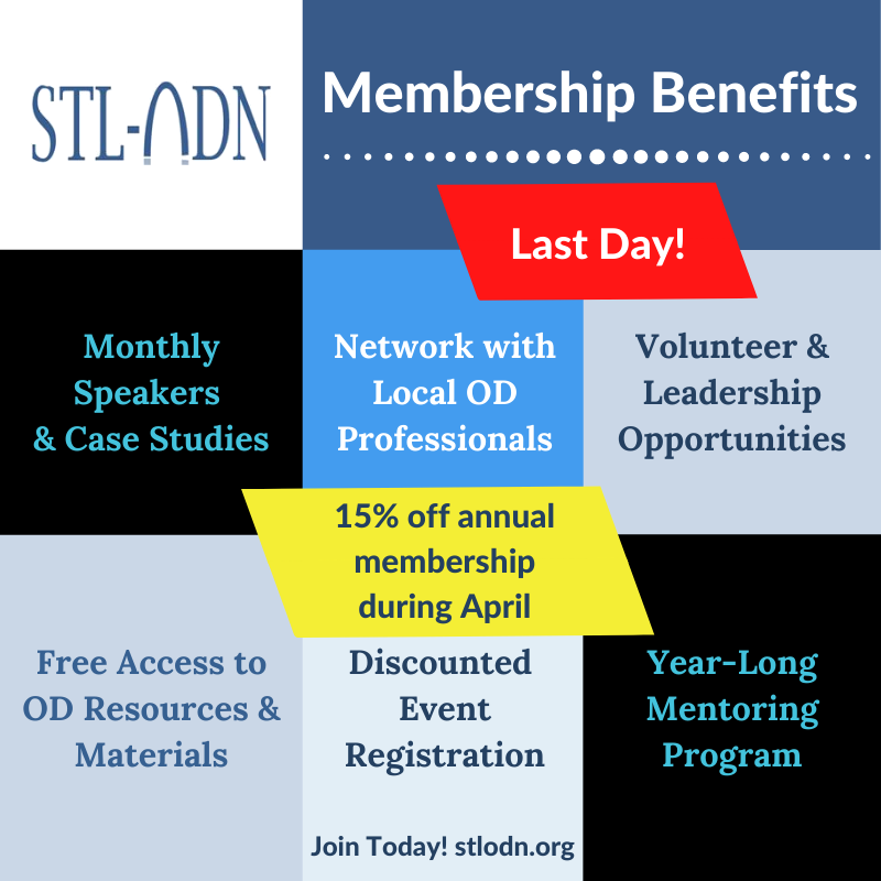 Our membership drive is live! Last day for our 15% off annual membership! 

Want to be a member? Find out more and sign up at stlodn.org/joinus.

#change #stlodn #growth #mentorship #organizationaldevelopment #discount #resources