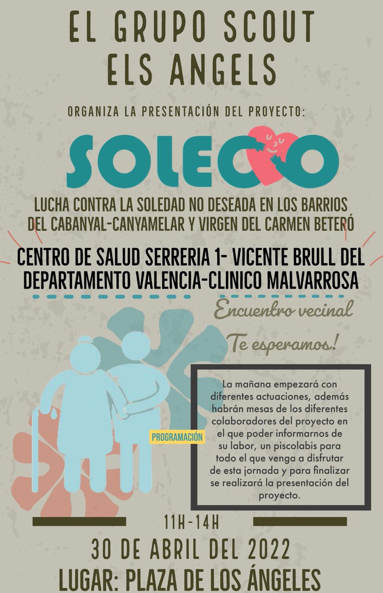 escalante329's tweet photo. Esta mañana hemos participado del encuentro #comunitario en el #Cabanyal #Solec❤️o organizado por el Grupo #Scouts Els Angels y centro de Salud Serrería 1-Vicente Brull. Lucha contra la soledad no deseada. #Acompañamiento https://t.co/JkL9DAFtX6