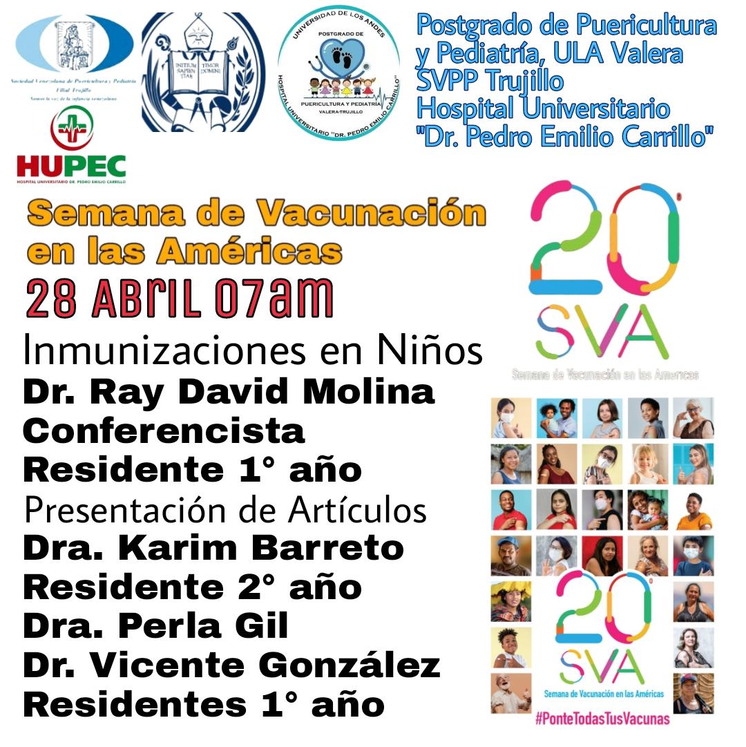 FilialSvpp's tweet photo. 24-30/04, Semana de la Vacunación de las Américas 28/04/22 7am
Inmunizaciones en Pediatría
Dr. Ray Molina
@raymolinal
Dra. Karim Barreto
@karimbarreto
Dra. Perla Gil
Dr. Vicente González
@v_gonzalez0
#SVA20
#vacuna
#OMS
#OPS
#paho
#UNICEF
#ULA
#hupec
#SVPPTrujillo
#SVPPFilial https://t.co/dFdUyqHV4k