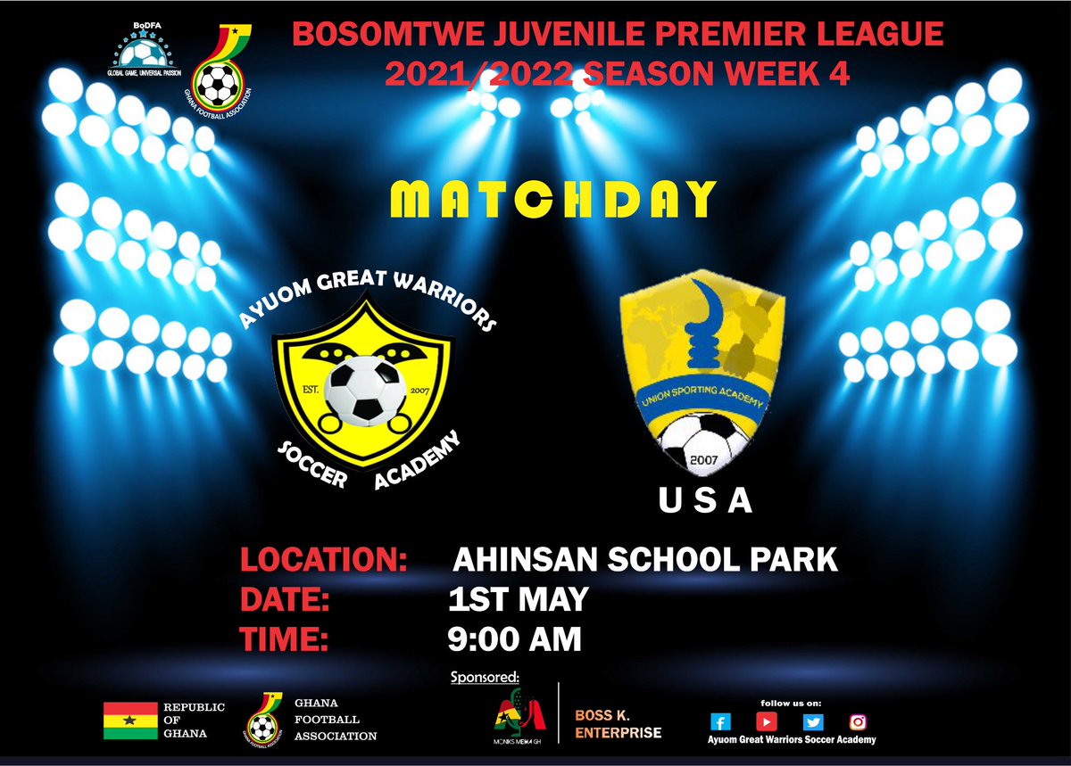 GreatWarriorsA's tweet photo. This will be our last game in the Bosomtwe 2021/22 Juvenile League Season.
#AGWSA
#SOCCER_WARRIORS ⚔️⚽️
#WARRIORSMEDIA
#GYE_NYAME
#FORGING_FOR_SUCCESS🔥🔥 https://t.co/vuN67OD42m