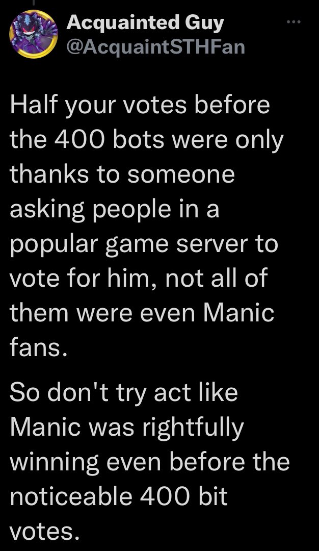 SonicCollector_'s tweet photo. I don’t get it, Manic won the poll, end of! Cant you act civilised? You claim it was botted but would you have done so and make such a moan if it was vector not manic. Ridiculous! (1/3) https://t.co/mHZ3rGdbUG