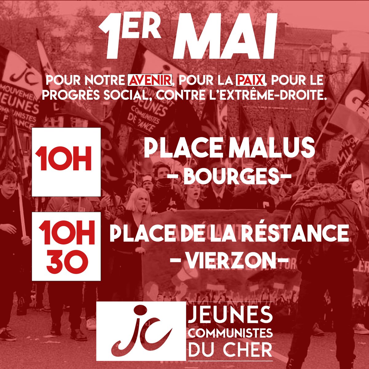🔴 1er Mai 🔴

Pour notre avenir, pour la paix, pour le progrès social, on se retrouve demain dimanche 1er mai :

👉 10h place Malus à Bourges

👉 10h30 place de la Résistance à Vierzon

#mjcf #mjcf18 #jeunescommunistes #1ermai