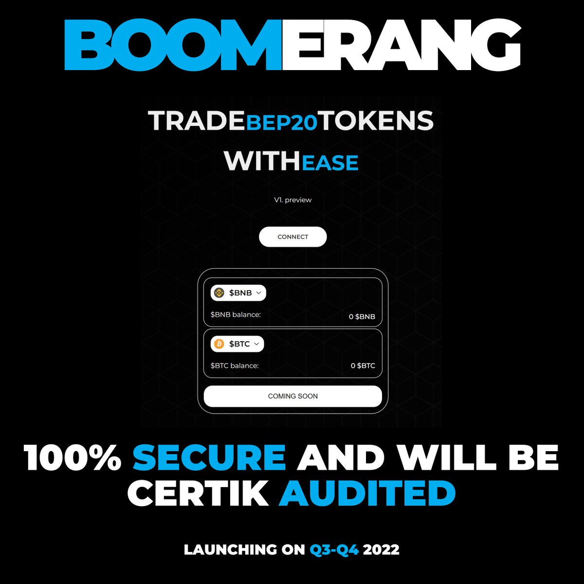 boomerangdex's tweet photo. BOOMERANG EXCHANGE 🪃📈

TRADE #BEP20 TOKENS WITH EASE

✅100% SECURE AND CERTIK AUDIT COMING SOON

LAUNCHING ON Q3-Q4 2022 https://t.co/XgAC9SQtsX