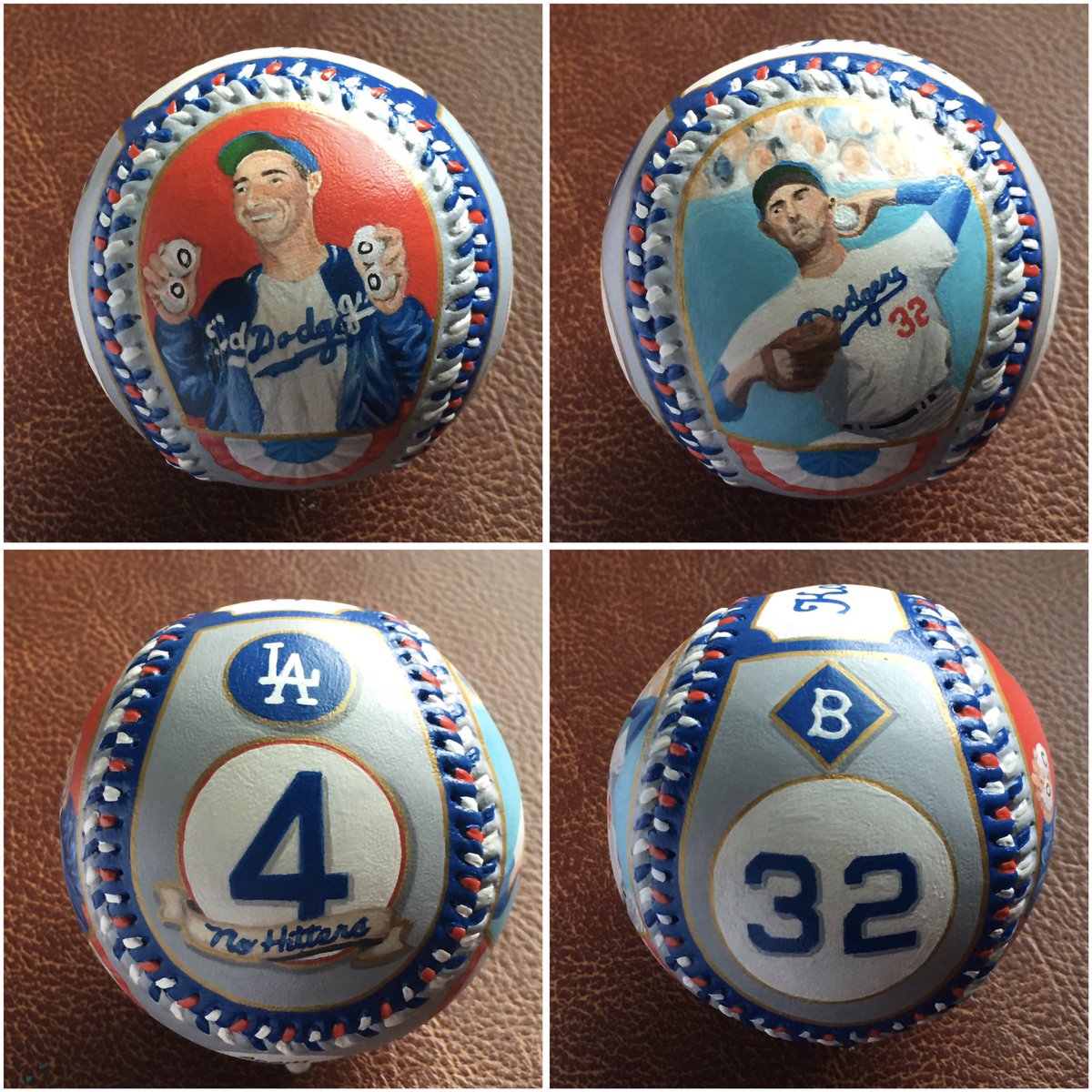 AgFredricksen's tweet photo. Sandy Koufax 4 No Hitter hand painted baseball. Commissioned. @Dodgers @mlb @topps @baseballhall #sandykoufax #thechosen #dodgersbaseball #baseball #baseballart #baseballcards #ladodgers https://t.co/a22Aws8m0I