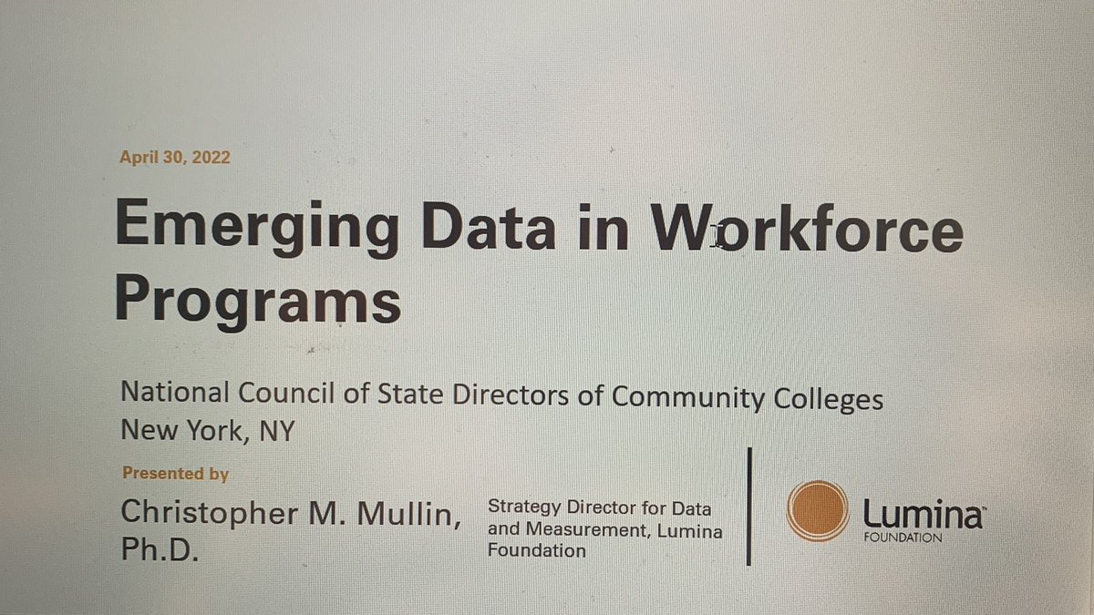 Dr_Mullin's tweet photo. Pleased to have learned with @Comm_College chancellors about current and future education and workforce data advancements like @uscensusbureau #PSEO, @usedgov #collegescorecard, @NSF #NTEWS, and @ipeds_nces #noncredit among others.  @LuminaFound https://t.co/mg04IXSQ9Y