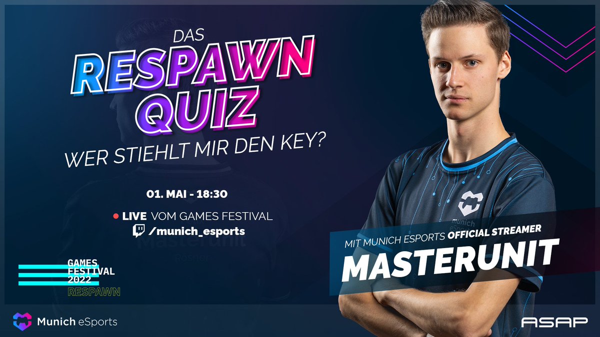 🔑Wer stiehlt mir den Key?🔑

Was wäre ein besserer Abschluss für unseren Teil des #GameFestivals22 als @masterunitfelix's RESPAWN QUIZ?

🗓️Sonntag, 18:30 Uhr
📹Live aus dem Kreativquartier München
📺twitch.tv/munich_esports

#PlayYourHeartOut <a href="/ComputerSAk/">ComputerSpielAkademie【ツ】</a>