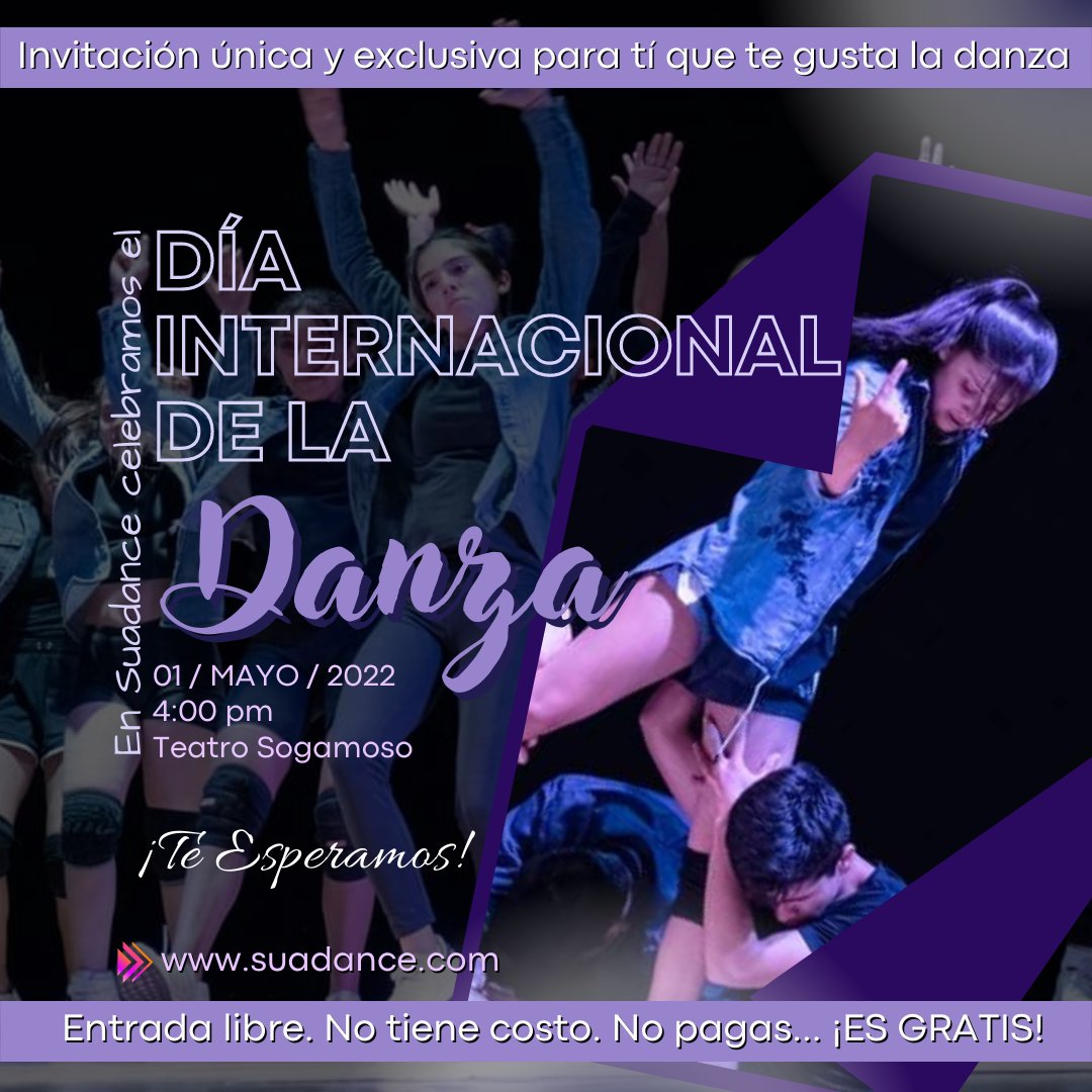suadance's tweet photo. Extendemos una 𝗶𝗻𝘃𝗶𝘁𝗮𝗰𝗶𝗼́𝗻 𝗲𝘀𝗽𝗲𝗰𝗶𝗮𝗹 a todos los amantes de la Danza, para que nos acompañen a celebrar el 𝗗𝗜́𝗔 𝗜𝗡𝗧𝗘𝗥𝗡𝗔𝗖𝗜𝗢𝗡𝗔𝗟 𝗗𝗘 𝗟𝗔 𝗗𝗔𝗡𝗭𝗔 con una muestra de los procesos formativos de nuestra compañía 𝗦𝗨𝗔𝗗𝗔𝗡𝗖𝗘.⁣ https://t.co/ytdveY9Gw5