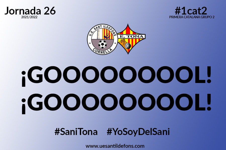 UE Sant Ildefons on Twitter: "30' ¡GOOOOOOOL, GOOOOOOOL, GOOOOOOOL! @Gian_vasquez10! (1-1). #SaniTona https://t.co/vH0NVM60He" / Twitter
