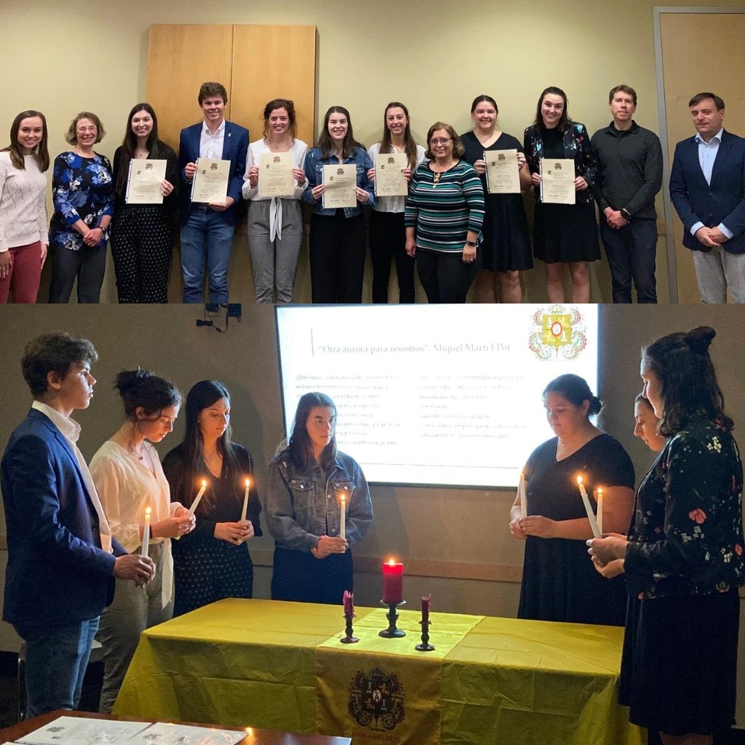 HispaValpo's tweet photo. Last Tuesday we welcomed seven new members to our chapter of Sigma Delta Pi, the National Collegiate Hispanic Honor Society. ¡Bienvenidxs Micah, Mariah, Ana Flavia, Eleanor, Grace, Tia y Olivia! https://t.co/kgKTjw39OO