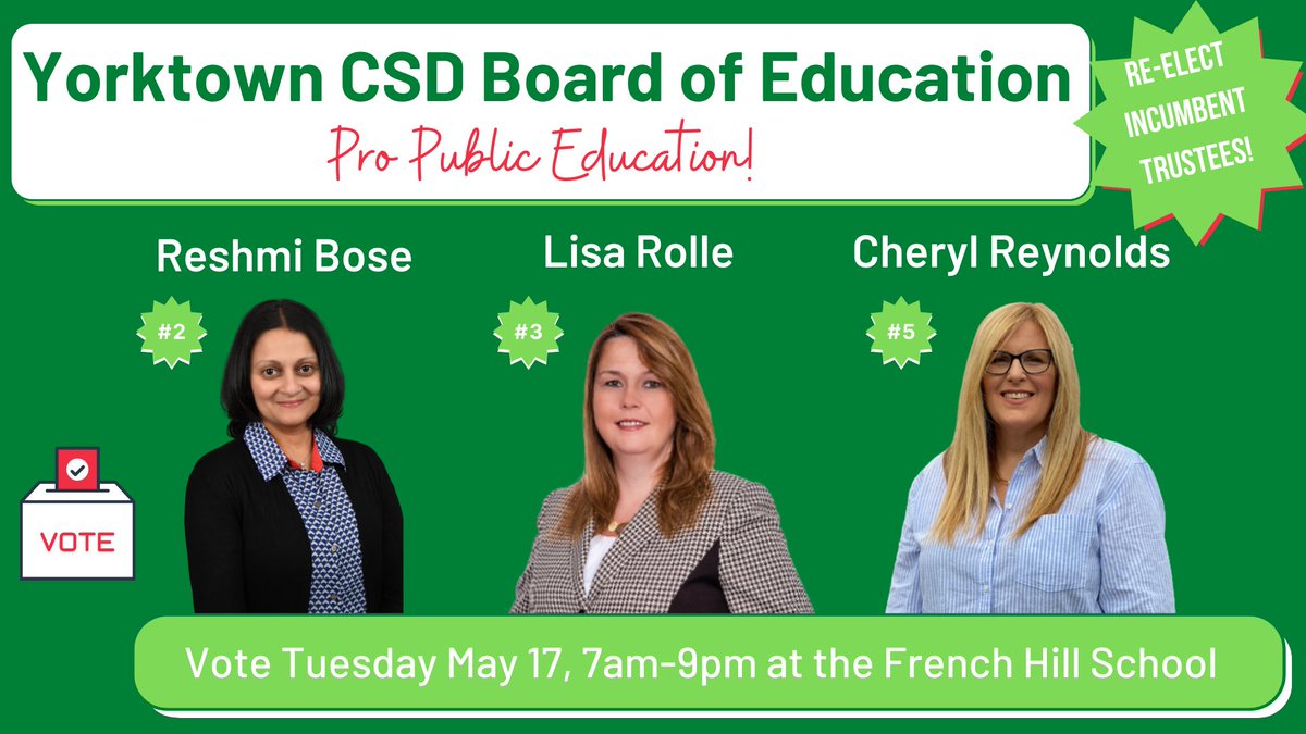 LisaRolle's tweet photo. My fellow Trustees @cheryl1reynolds, @boseresh and I look forward to the opportunity to continue to advance @YCSD in the forward direction for the benefit of our students and entire community. Please vote on May 17 at French Hill School 7 am to 9 pm. https://t.co/3fQ9Dk30hc