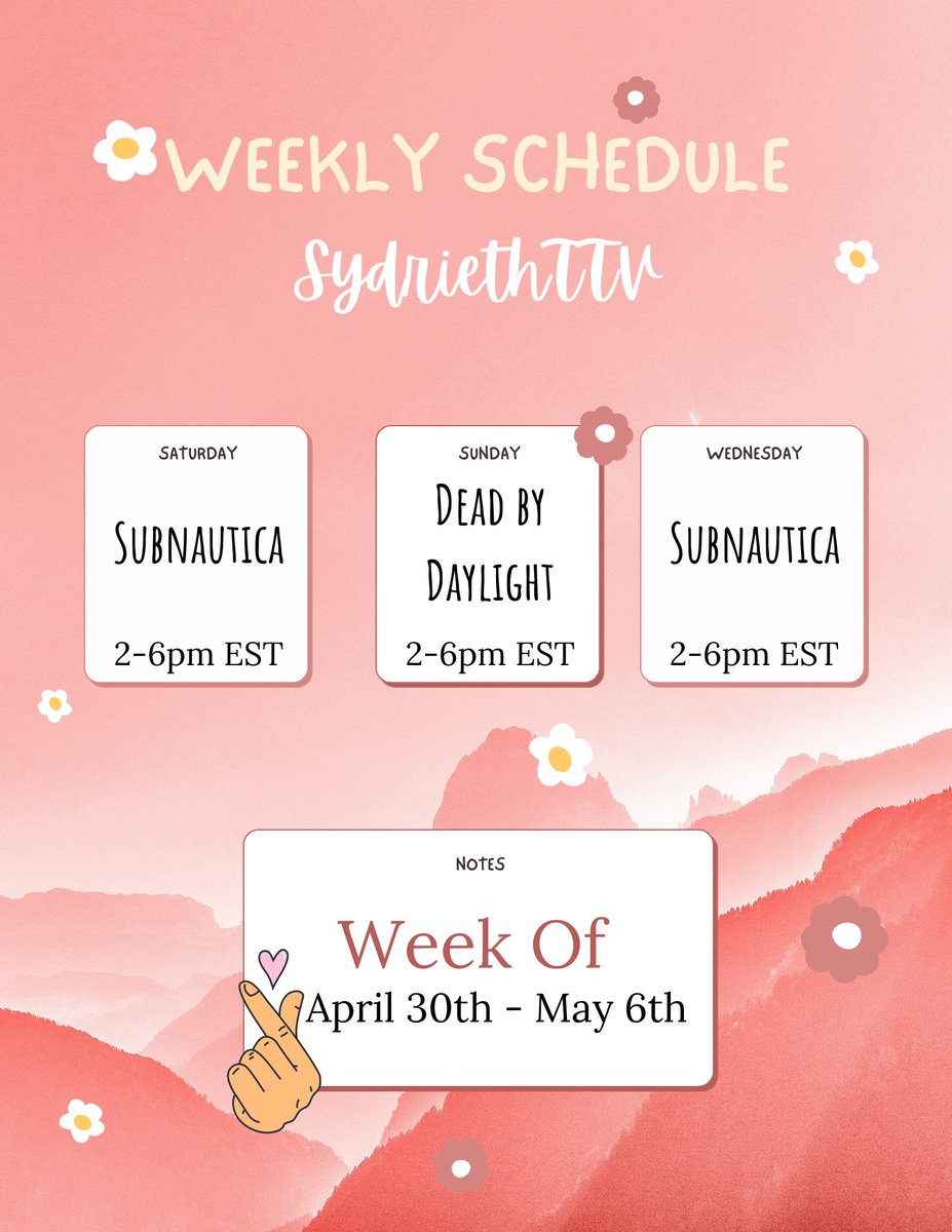 sydrieth's tweet photo. This week's stream schedule!! I will be live TODAY (4/30) at 2pm EST playing some Subnautica [hopefully I don't drown]!! Come check it out at https://t.co/C1DENhpvT2 https://t.co/JXgB99yDnK