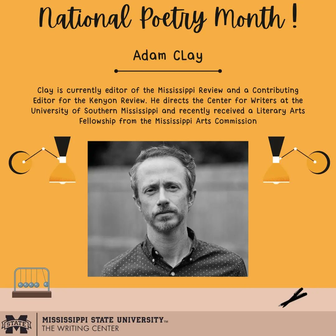 msstate_writing's tweet photo. To end our celebration of Mississippi poets, we’d like to highlight Adam Clay!

Clay is the author of four collections of poetry, and you can check out more of his work in his latest volume, To Make Room for the Sea. Happy reading!

#NationalPoetryMonth https://t.co/K8bXuTizOw