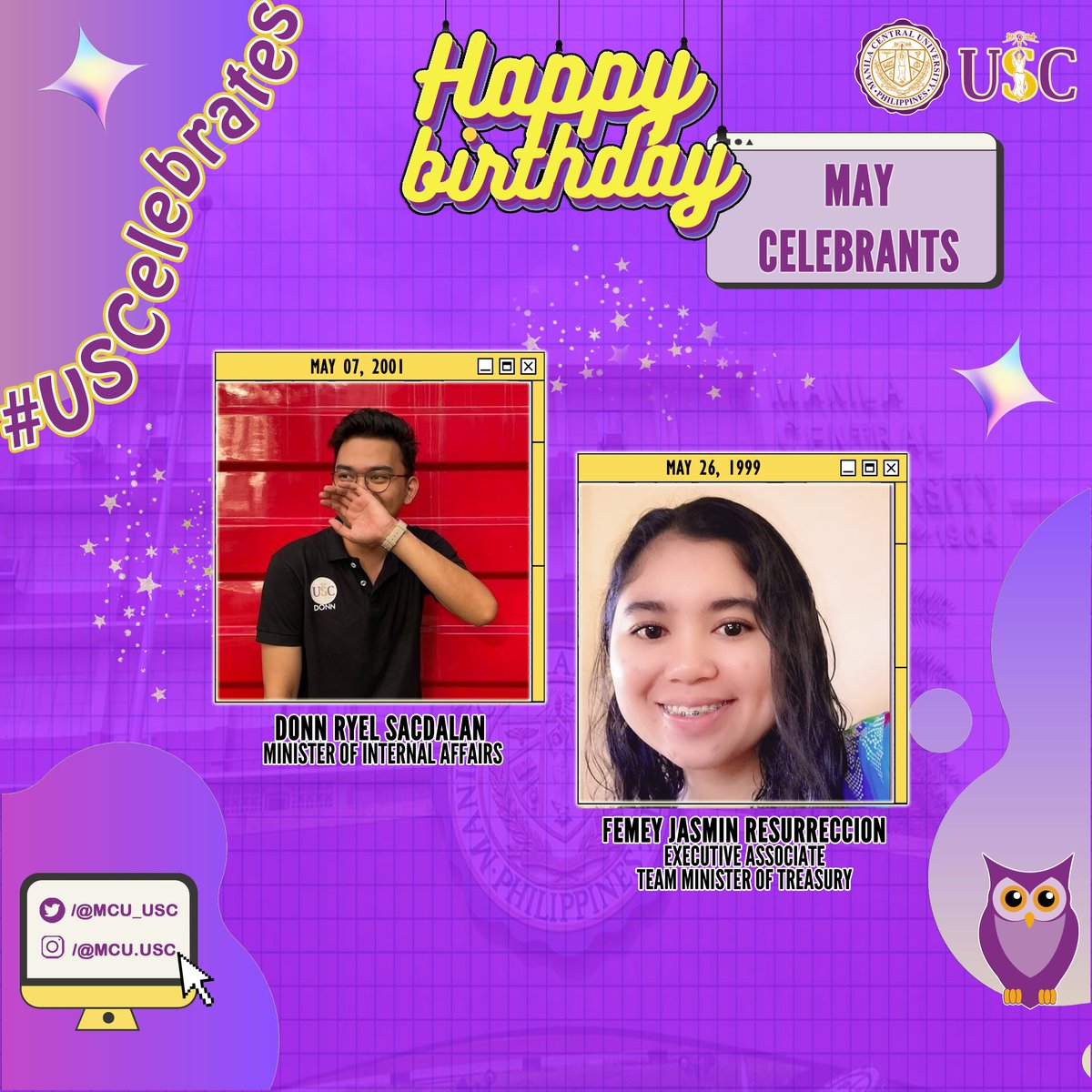 MCU_USC's tweet photo. #USCelebrates 🎈

To our May celebrants, your USC fam greets with full of love and compassion.

Have a terrific life journey with limitless possibilities and opportunities ahead! Again, we wish you all a happy birthday!

#BirthdaysWithUSC https://t.co/VxkjiCHrLz