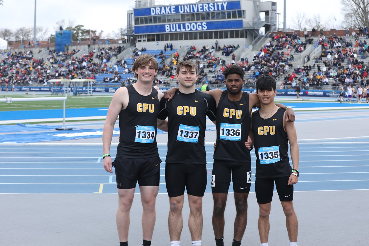 cjeilers's tweet photo. CPU 4x1 girls relay of (L-R) Ava Maloney, Ryley Goebel, Maya Burkhart, Laine Hadsall finished 43rd out of 96 relays with a time of 51.61, a season best. 4x1 boys relay of (L-R) Joe Dufoe, Cole Werner, Aaron Kramer, Ben Hansen finished 74th out of 96 relays with a time of 45.06. https://t.co/qEq8A7aDDr