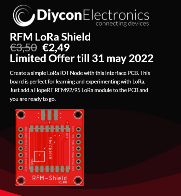 dyconics's tweet photo. PCB100 RFM SHIeld now €2,49
Create a simple LoRa IOT Node with this interface PCB. This board is perfect for learning and experimenting with LoRa. 

https://t.co/wNKmbIZR0Y

#RFM #arduino  #raspberrypi #LoRa  #LoRaWAN #IoT #DIY #diycon  #RF #HopeRF https://t.co/NLeZqnuh5q