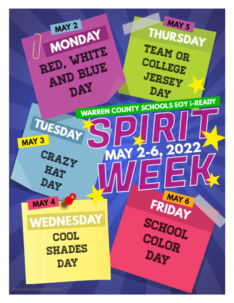 wcmiddlenc's tweet photo. It's Sprit Week for End of Year testing! Monday: Wear red, white, and blue. Tuesday: Wear a crazy hat. Wednesday: Wear cool shades. Thursday: Show your favorite team or college. Friday: School pride! Wear your school colors. https://t.co/o3ecVPebYq