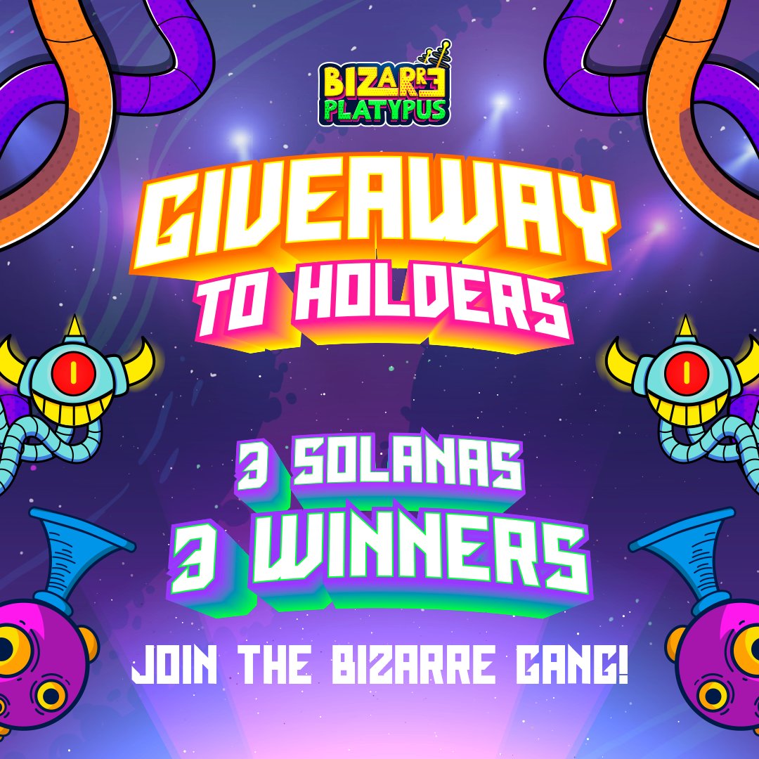 Platypus gang!🛸
To CELEBRATE the start of the sale of the 2ND Raffle,🎉
We want to reward BP holders, 3 WINNERS 1 SOL each💎
To Enter:
1️⃣Follow us on Twitter
​2️⃣Put a photo of your platy on the replies
3️⃣Like and RT

Good luck gang!!🥳🥳

#NFTgiveaway  #SolanaGiveaway #SolanaNFT