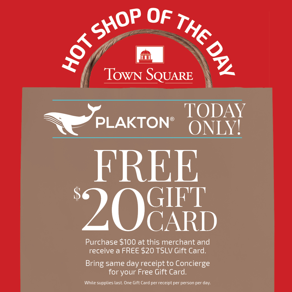 ShopTownSquare's tweet photo. Spend $100 at #Plakton – our Hot Shop of the Day – and bring your receipt to the Concierge to receive a FREE $20 #TownSquareLV gift card. Today only! https://t.co/69xms4WLKK