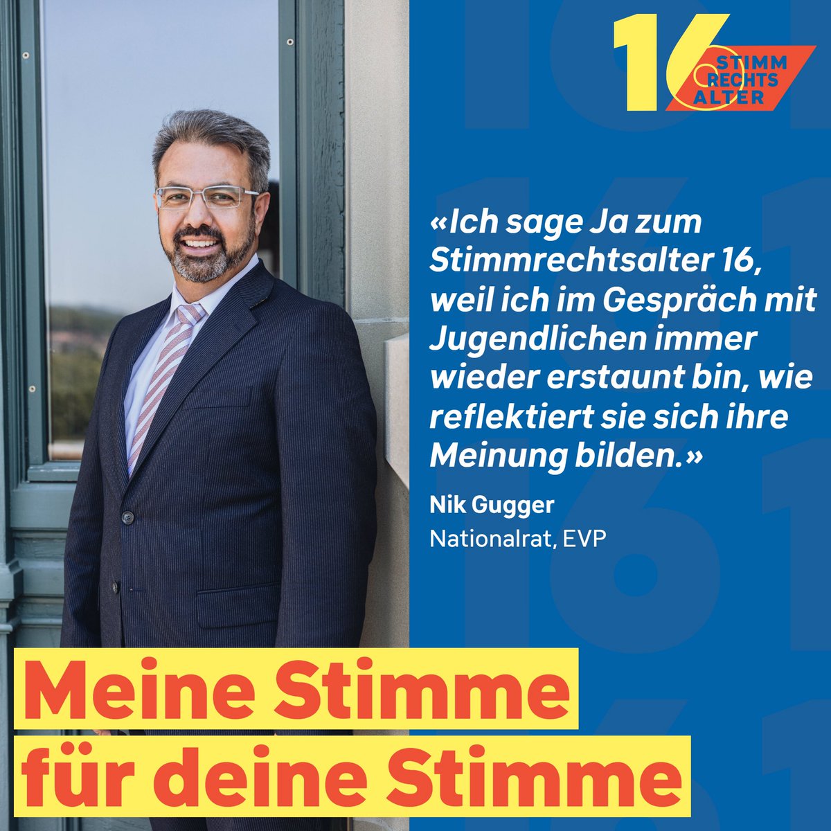 Ja zum Stimmrechtsalter 16 im Kanton Zürich (@ja_sra16_zh) on Twitter photo <a href="/NikGugger/">Nik Gugger</a>, EVP-Nationalrat, ist überzeugt: Die Jungen sind fähig, sich eine politische Meinung zu bilden. Sie sollen über ihre Zukunft mitentscheiden können. #stimmefürmeinestimme #SRA16JA #SRA16 #Stimmrechtsalter16 <a href="/NikGugger/">Nik Gugger</a>, EVP-Nationalrat, ist überzeugt: Die Jungen sind fähig, sich eine politische Meinung zu bilden. Sie sollen über ihre Zukunft mitentscheiden können. #stimmefürmeinestimme #SRA16JA #SRA16 #Stimmrechtsalter16