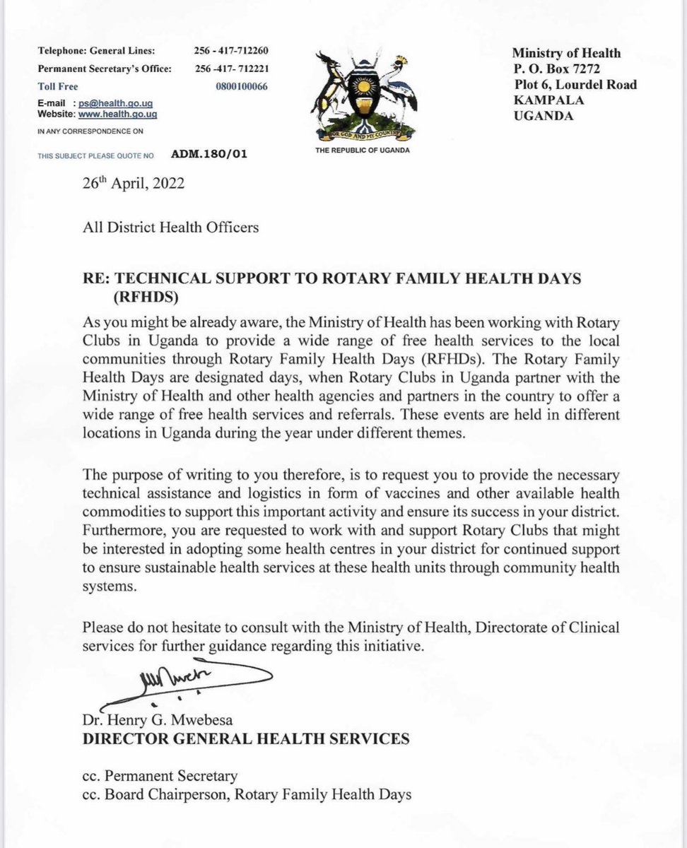rotaryd9213's tweet photo. We thank @MinofHealthUG for the technical support to Rotary to make the #RFHD22 successful across the country. https://t.co/Ey0PrnfBiD