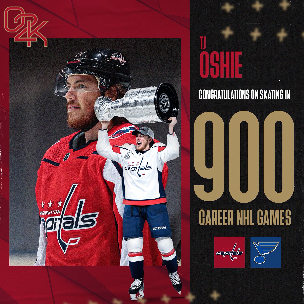 o2ksports's tweet photo. Congratulations to O2K client, TJ Oshie on playing his 900th NHL game last night. #ALLCAPS https://t.co/cBo7PGJDw9